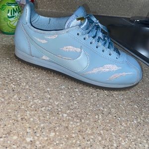 Baby blue with feather design Nike Cortez